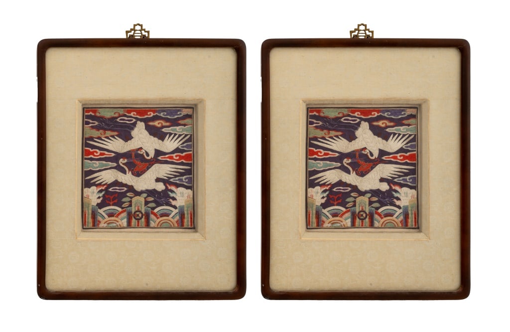 Korean Joseon Dynasty Crane Rank Badges, 2: Pair of Korean Joseon Dynasty Crane Civilian Rank Badges, each with two flying cranes, wood frames. Image: 7.25" H x 6.75" W; frame: 15" H x 12" W. Provenance: From an East 81st Street Estate. Keyword