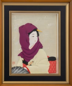 Japanese Woman with Parasol Textile Relief Collage