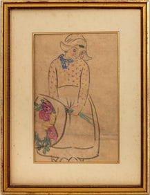 Augustin Hanicotte Attr. Girl & Flowers Watercolor