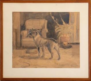 Illegibly Signed Interior Scene Watercolor Paper