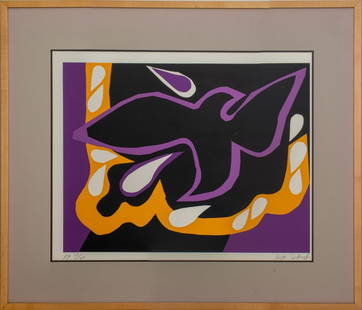 William Scharf Dove Abstraction Silkscreen: William Scharf (American, 1927-2018), Dove Abstraction, Silkscreen in Colors, signed in pencil "Wm. Scharf" lower right and numbered edition "AP 37/40" lower left, wood frame. Image: 19" H x 23" W; fr