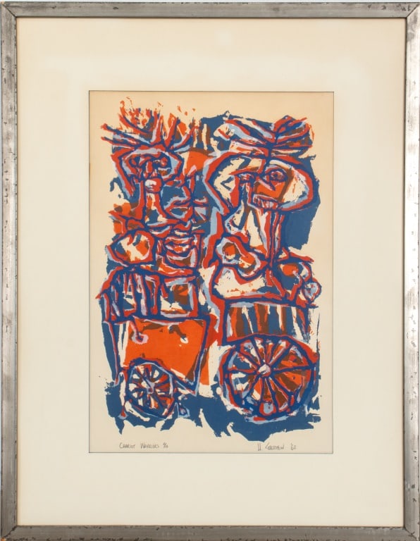 Howard Goldstein "Chariot Warriors" Lithograph: Howard Goldstein (American, XX), "Chariot Warriors", Lithograph in Colors, 1962, titled and numbered edition "2/15" lower left, signed "H. Goldstein" and dated "'62" lower right, silvered wood frame. 