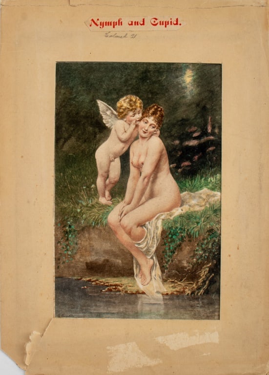 Georg F. Papperitz "Nymph And Cupid" Watercolor: Georg Friedrich Papperitz (German, 1846-1918), "Nymph And Cupid", Watercolor on Paper, depicting a cupid whispering in the ear of a nude woman seated along the water, signed lower left, unframed. 9" H