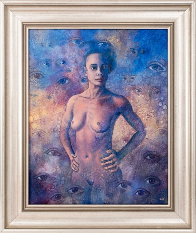 Miguel Tio "Apparition" Oil & Acrylic on Canvas: Miguel Tio (Dominican/American, XX-XXI), "Apparition", Oil and Acrylic on Canvas, 2005, signed lower right, title and date marked to verso, silvered wood frame. Image: 21" H x 17" W; frame: 27" H x 23