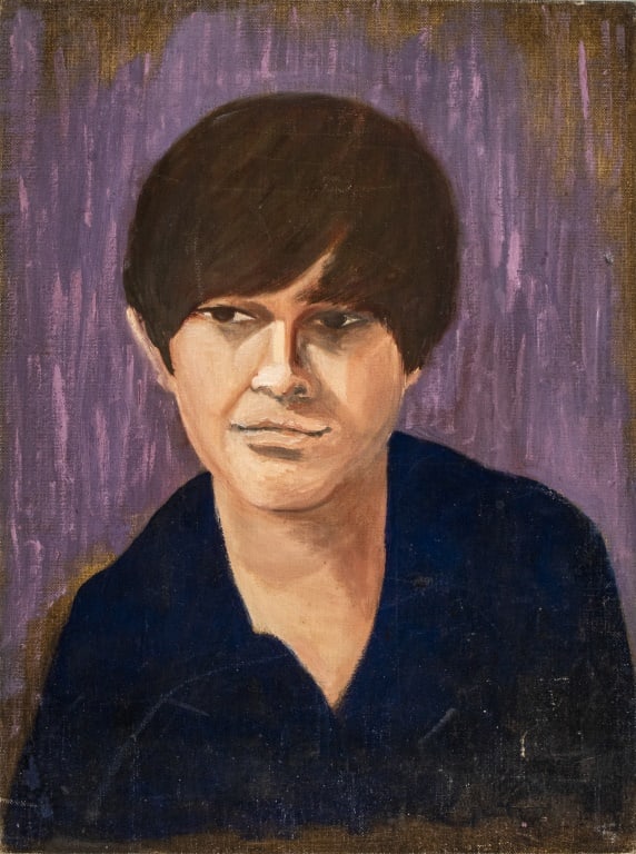 Kayo Lennar "Timothy" Oil on Canvas, 1973: Kayo Lennar (French/American, b. 1923), "Timothy", Oil on Canvas, 1973, signed and dated to verso, inscribed "after one month of study / needs more, too bad, she liked it!", unframed. 16" H x 12" W. P