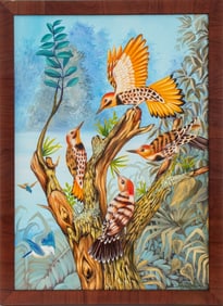 Illegibly Signed Woodpeckers on Tree Acrylic