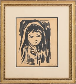 Illegibly Signed Portrait of a Girl Ink on Paper