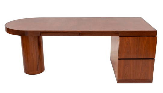 I.M. Pei Postmodern Mahogany Desk: I.M. Pei Postmodern Mahogany Desk, with frieze drawer to top and two drawer cabinet support. 29" H x 80.25" W x 33" D. Provenance: From the collection of the curator and owner of Berry-Hill Galleries.