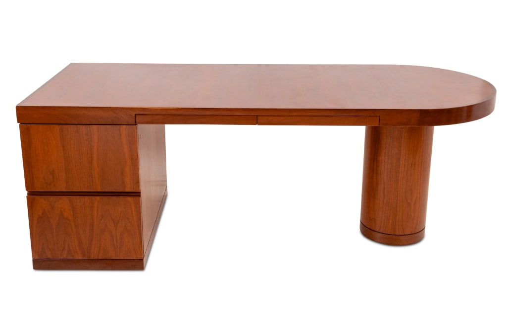 I.M. Pei Postmodern Mahogany Desk: I.M. Pei Postmodern Mahogany Desk, with frieze drawer to top and two drawer cabinet support. 29" H x 80.25" W x 33" D. Provenance: From the collection of the curator and owner of Berry-Hill Galleries.