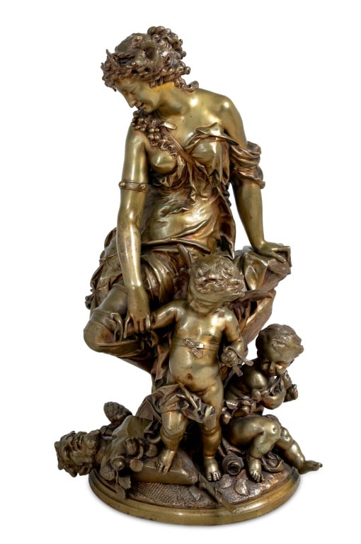 Auguste Moreau "Bacchante" Patinated Bronze: After Auguste Moreau (French, 1834-1917) "Bacchante" Patinated Bronze Sculpture, late 19th century, the draped seated figure wearing a crown of grape vines, clutching at a cherub at her feet, a putto