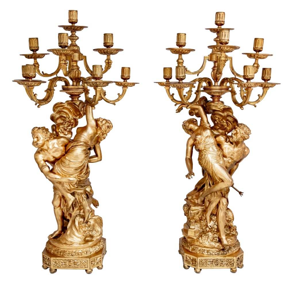 Napoleon III Gilt Bronze Figural Candelabra, Pair: Pair of Napoleon III Gilt Bronze Figural Eight Branch Candelabra, mid 19th century, one depicting Hades and Persephone, the other Boreas and Orithyia, each on naturalistic bases with oak leaf socle an