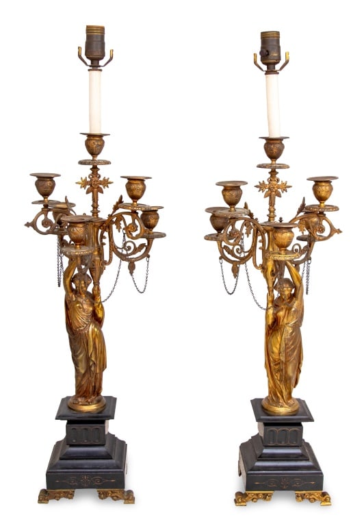 Louis XVI Style Gilt Metal Candelabra Lamps, Pair (1 of 5)