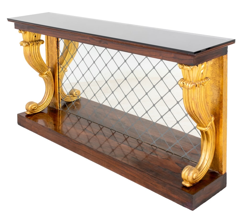 Restauration Style Parcel Gilt Rosewood Console: Restauration Style Parcel Gilt Rosewood Console, probably 1960s, the rectangular black smoky glass top above a conforming rosewood frame above a trellised mercury glass back plate between giltwood scr