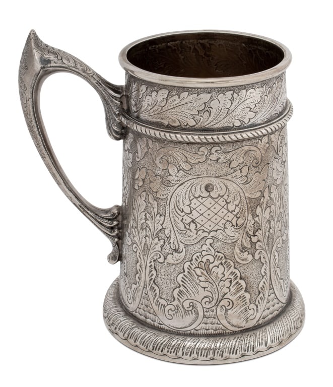 Mexican 833 Silver Casa Castro Tankard: Mexican 833 Silver Tankard, stuck with marks for Prato, Casa Castro, with roper form trim and maximalist chased floral and foliate design, marked to base. Weight: 17.77 ozt; 6.25" H x 5.25" W x 4.25" 