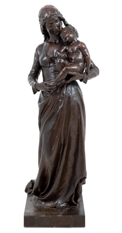 Jean Gautherin "Clotilde de Surville" Bronze: Jean Gautherin (French, 1840-1890) "Clotilde de Surville" Patinated Bronze Sculpture, late 19th century, the standing figure with child, on a square plinth, with applied plaque inscribed with a verse