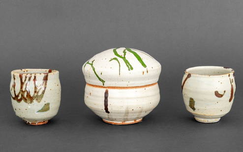 Warren MacKenzie Glazed Stoneware Articles, 3: Group of Three Warren MacKenzie (American, 1924-2018) Polychrome Glazed Stoneware Articles, comprising: Covered Jar and two Yunomi Cups, each impressed with artists mark to underside. 5" H x 5.5" Diam