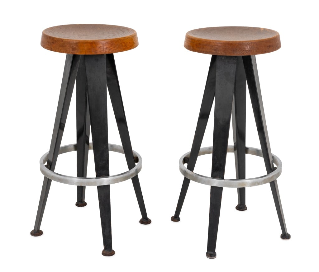 Jean Prouve Style Oak Seat Bar Stools, Pair (1 of 3)