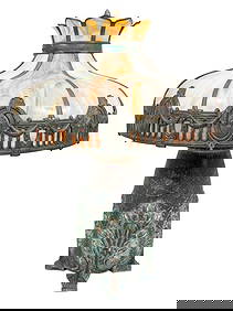 Art Nouveau Patinated Metal and Slag Glass Lamp (1 of 4)