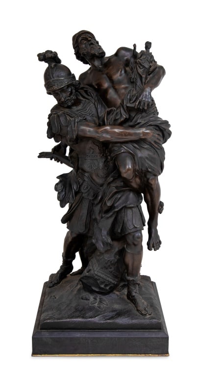 Pierre Lepautre "Aeneas Carrying Anchises" Bronze: After Pierre Lepautre (French, 1660-1744) "Aeneas Carrying Anchises with Ascanius Out of Troy" Patinated Bronze Sculpture, late 19th century, on a square base and a black marble plinth. Overall: 23.5"
