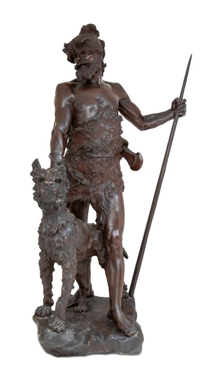 Marcel Debut "Hunter and Hound" Patinated Bronze: Marcel Debut (French, 1865-1933) "Hunter and Hound" Patinated Bronze Sculpture, late 19th century, the standing hunter wearing a fur pelt and an axe, holding a spear and his hound, on a rockwork base,
