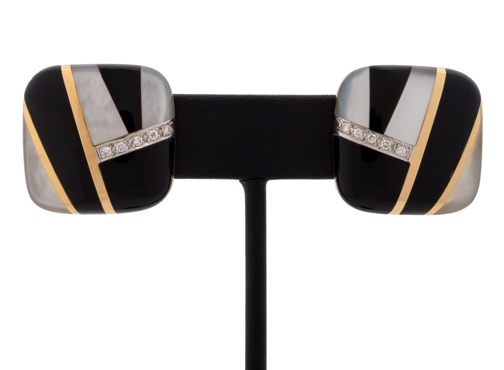 14K Yellow Gold MOP Black Onyx Diamond Earrings (1 of 5)