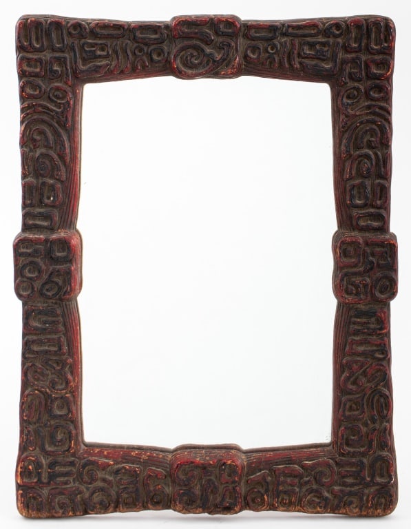 Oceanic Hand-Carved & Red Lacquered Mirror: Oceanic Hand-Carved and Red Lacquered Wood Mirror. Mirror plate: 13" H x 9" W; frame: 18" H x 13.75" W. Provenance: From a New York City Collection. Keywords: Oceania, Pacific Island Art, Abstract des