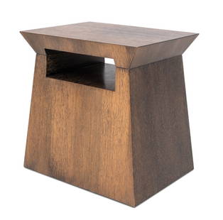 Christian Liaigre Attr. Trapezoidal End Table: Christian Liaigre Attributed Trapezoidal Wood End Table, with one shelf beneath top, apparently unmarked. 20" H x 19.75" W x 14.75" D. Provenance: From a New York City Collection. Keywords: Modern Fur