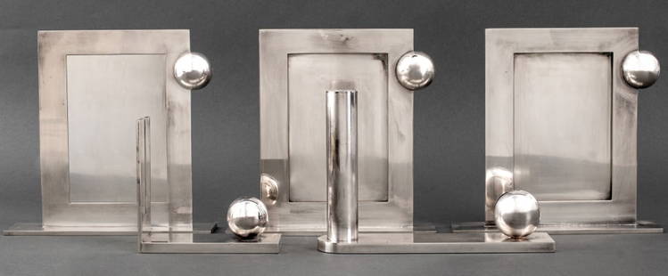 Richard Meier x Swid Powell Silver Plate Frames, 5: Five Richard Meier for Swid Powell Postmodern Silver Plate Frames, geometric design, made in Italy, marked "Swid Powell / RM / Made in Italy / Silver Plated". 8.25" H x 8.25" W x 2" D. Provenance: Fro