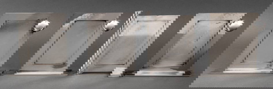 Richard Meier x Swid Powell Silver Plate Frames, 4: Four Richard Meier for Swid Powell Postmodern Silver Plate Frames, of geometric design, made in Italy, marked "Swid Powell / RM / Made in Italy / Silver Plated". 8.25" H x 6" W x 3" W. Provenance: Fro