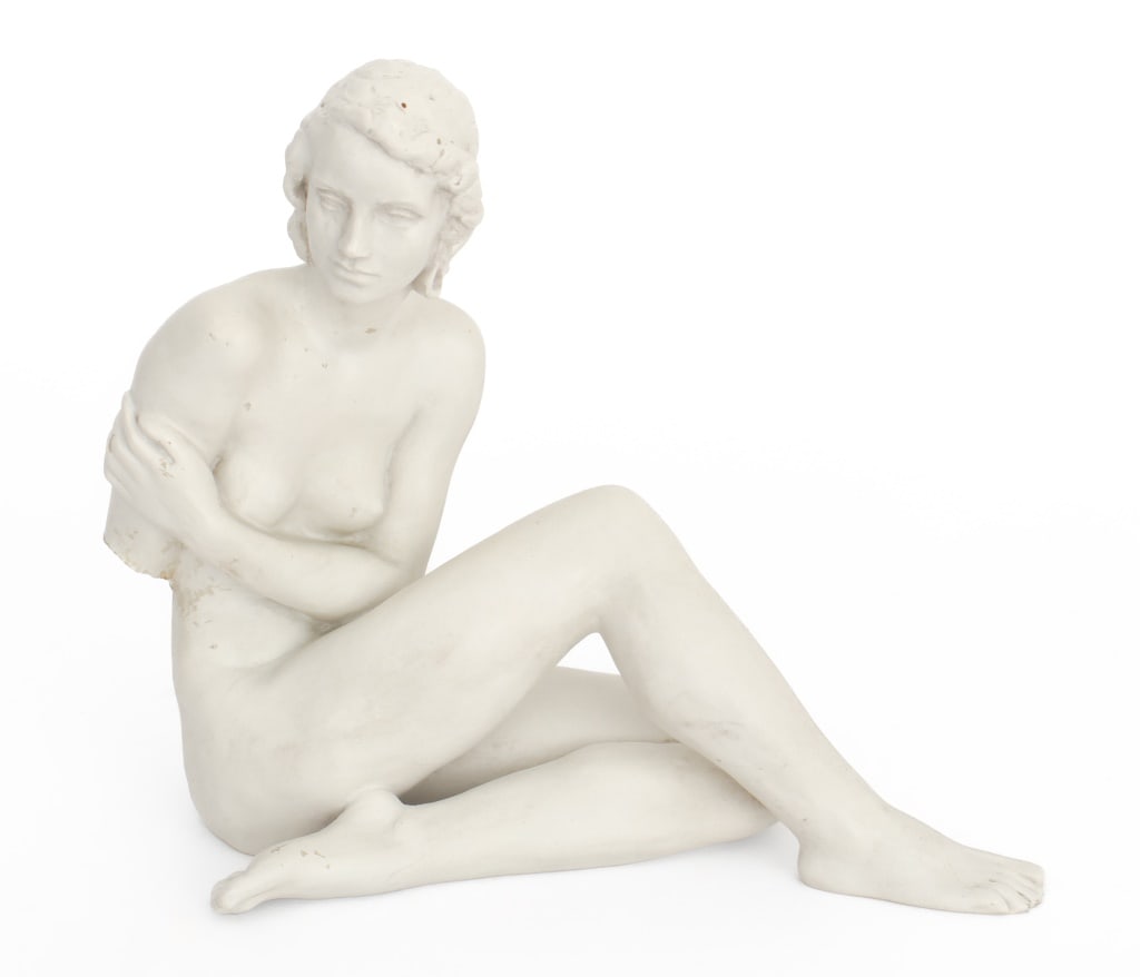 Fritz Klimsch for Rosenthal Female Nude Porcelain: Fritz Klimsch (German, 1870-1960) for Rosenthal Seated Female Nude Bisque Porcelain Sculpture, signed and marked "F. Klimsch / Rosenthal / 1722" to underside. Lacking right forearm. 11" H x 12" W x 6"