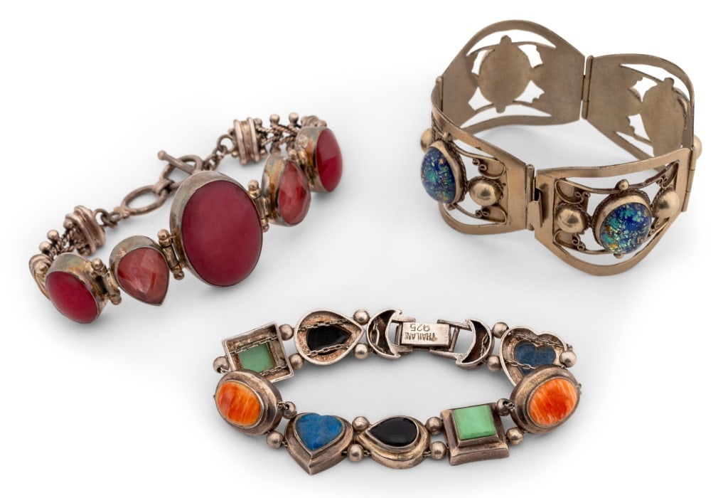 Cabochon Mounted Sterling Silver Bracelets, 3 (1 of 9)