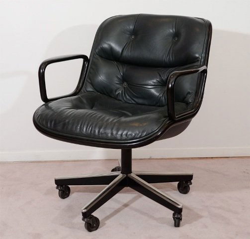 Mid Century Knoll Executive Chair by C. Pollock: Knoll Executive chair by Charles Pollock, swivels and has leather upholstered cushions and casters, United States, 1960s. Dimensions: height: 32"H x 18" second height x 30"D x 26"W