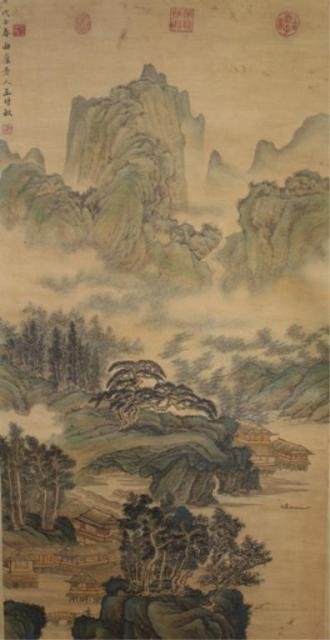 Chinese Landscape Scroll Painting aft. Shimin Wang: Hanging scroll painting of a mountain landscape, after Shimin Wang (Chinese, 1592-1680), ink and colors on paper; marked. Dimensions: 74"H x 30"W; 49-1/2"H x 25"W (image).