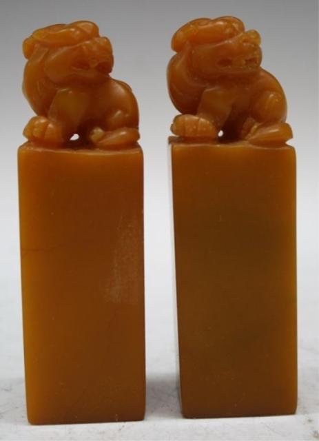 Pair of Chinese Soapstone Seals w/ Lions: Pair of blank soapstone seals with lions, China; unmarked. Dimensions: 5"H x 1-1/2" squared
