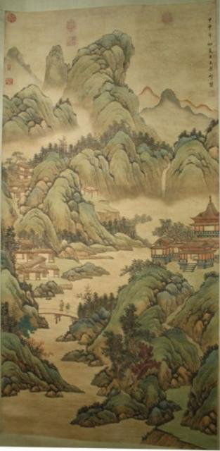 Chinese Landscape Scroll after Wang Yuan Qi: Mounted scroll painting of landscape, after Wang Yuan Qi (Chinese, 1642-1715), ink and color on paper; marked. Dimensions: Overall 79"L x 30"W; image area 52"L x 26"W