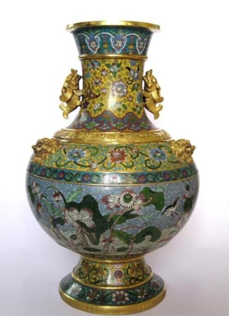 Qing Chinese Gilded Cloisonne Dragon-Ears Vase: Large cloisonne vase highly-decorated with lotus scrolls, foliage motifs, bats, butterflies, peaches, parrots, mandarin ducks, and egrets within different registers and set on an imperial-yellow backg