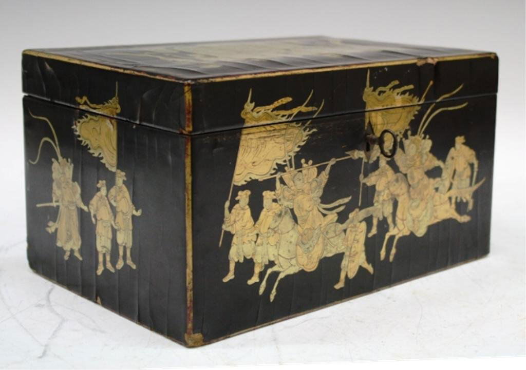 Chinese Black Lacquer Metal Lined Money Box: Black lacquer money box decorated with gilt colored figures, with ivory knob and metal lining with metal flip plate on top in interior, believed to be roughly 200 years old, China; unmarked. Dimension