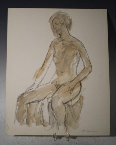 Norio Azuma Pencil & Oil Sketch of Nude: Pencil drawing with oil paint of seated nude on paper, Norio Azuma (New York/Japan, 1928-2004); signed. Dimensions: 17-3/4"H x 14-1/4"W