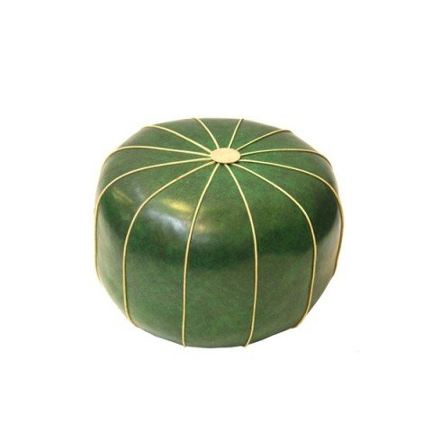 1960s Retro Green and Tan Vinyl Pouf: Retro pouf in green vinyl with a sunburst of tan vinyl piping, 1960s. It can be used as an ottoman or for low casual seating. Dimensions: 13"H x 20" diameter