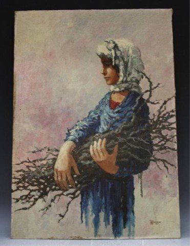 Painting of Woman by William Weintraub 1960: Painting of woman carrying branches, by William Weintraub (American-Israeli), oil on canvas mounted on board, 1960; signed and dated lower right. Dimensions: 26-1/2"L x 18-1/2"W