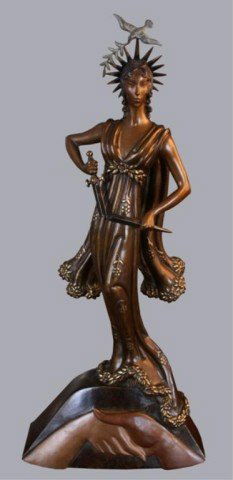 Erte "Peace" Bronze Sculpture 1984: Bronze female figure sculpture entitled Peace, Erte (Russian/French, 1892-1990), France, 1984; signed and marked 114/500. Dimensions: 26-1/2"H x 11-3/4"W x 5"D