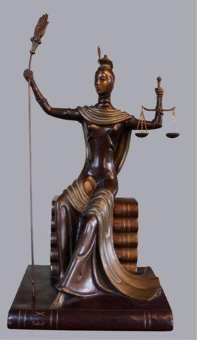 Erte " Justice" Bronze Sculpture 1985: Bronze female figure sculpture entitled Justice, Erte (Russian/French, 1892-1990), France, 1985; signed and marked 287/500. Dimensions: 20-1/4"H x 11"W x 8-1/2"D