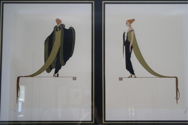 Erte Serigraph of Two Women: Serigraph print of two women in black and gold, framed, Erte (Russian/French, 1892-1990), France; signed and marked 217/300. Dimensions: overall 47-1/2"H x 23-1/4"W; image area 24"H x 18-1/4"W