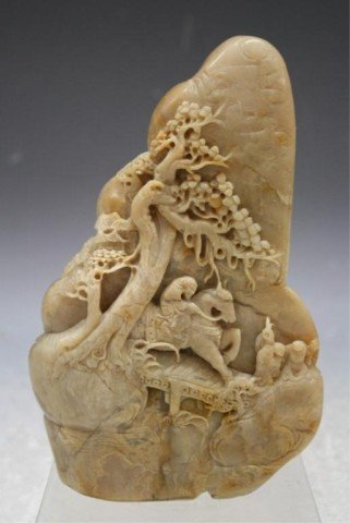 Chinese Soapstone Carving w/ Man on Horseback: Soapstone carving of landscape and a man on horseback, China; unmarked. Dimensions: 7"H x 4-1/2"W x 1"D