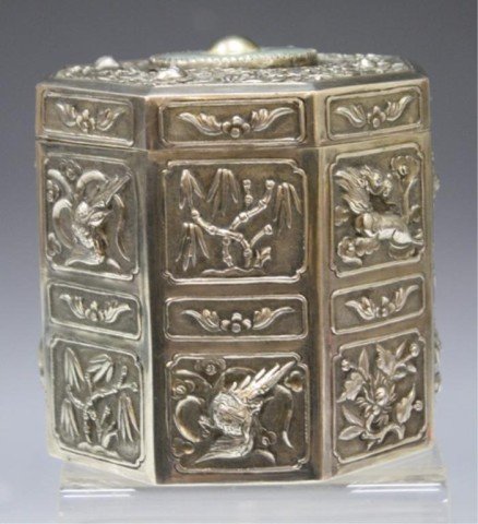 Chinese Octagonal Silver Box w/ Jade Inlay: Octagonal box with repousse bird and flower motif, silver with jade, China; marked 700 on bottom. Dimensions: 3"H x 3" diameter