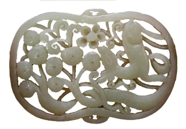 Chinese White Jade Pendant w/ Deer 19th C.: Carved white jade pendant with openwork deer and tree design, China, nineteenth century; unmarked. Dimensions: 3-1/4"H x 2-1/4"W
