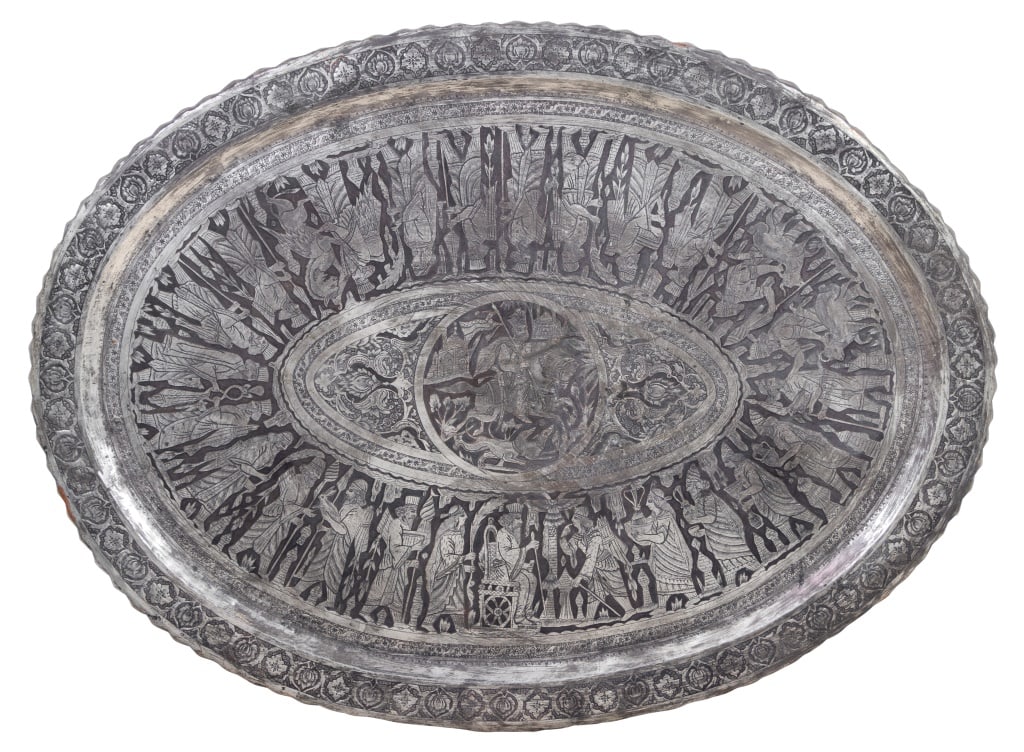 Persian Engraved Silvered Metal Oval Tray (1 of 4)