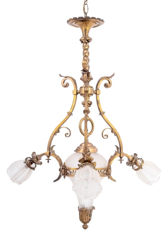 Art Nouveau Style Gilt Metal Three Arm Chandelier (1 of 5)