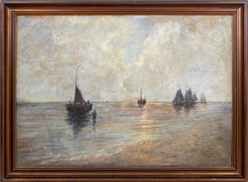 Richard Baseleer Antwerp Coastline Oil on Canvas: Richard Baseleer (Belgian, 1867-1951), Antwerp Coastline, Oil on Canvas, 1907, signed lower right, inscribed "Richard Baseleer / Antwerpen / 1907" to verso, wood frame. Image: 32" H x 45.5" W; frame: 
