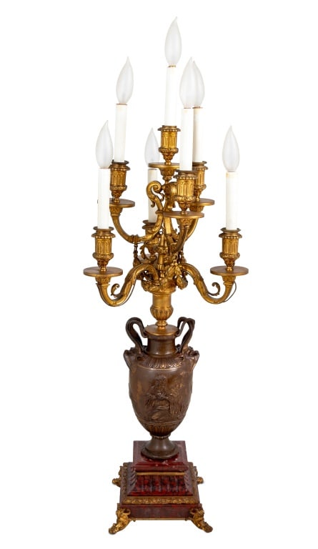 Louis XV Style Bronze & Marble 7-Light Candelabrum: Louis XV Style Bronze and Rouge Griotte Marble Seven Light Candelabrum, late 19th century, the urn with masque head twin handles, issuing two seven scrolled branches with foliate swags, on a stepped p